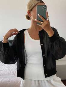 FRIFUL Women's Spring/Summer Solid Color Metal Button Decor Loose Casual Versatile Jacket - Black - View 5