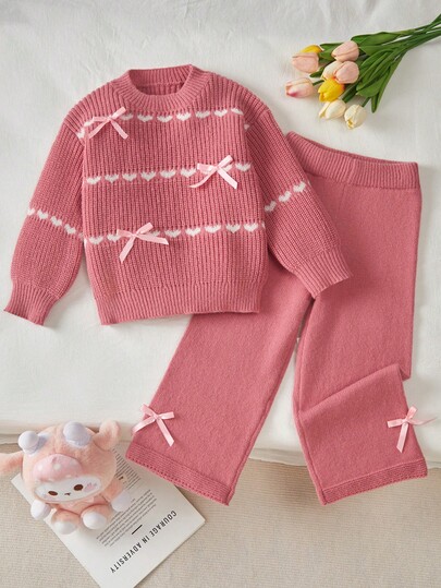 New Fashion Versatile Cute Girls Heart Bow Knit Sweater Set