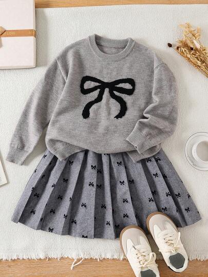 SHEIN Mädchen Pullover und Schleifenmuster Rock Set, rote Schleife minimalistisch allround vielseitiger roter Rock, Halloween Weihnachten Feiertagsstimmung, Preppy Stil Schulanfang süßes Outfit