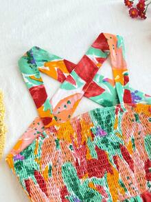SHEIN Tween Girls Woven Tropical Plant Print Bowknot Decor Elastic Waist Short Dress - Multicolor - View 4