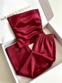 INAWLY Solva Women's Sexy Streetwear Bandeau Top And Flared Pants 2 Pieces Set - Burgundy - View 5