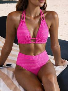 Swim Basics Conjunto de bikini de 2 piezas para damas, traje de baño de unicolor con tirantes de cuello halter sexy - Rosa Fucsia - Ver 2