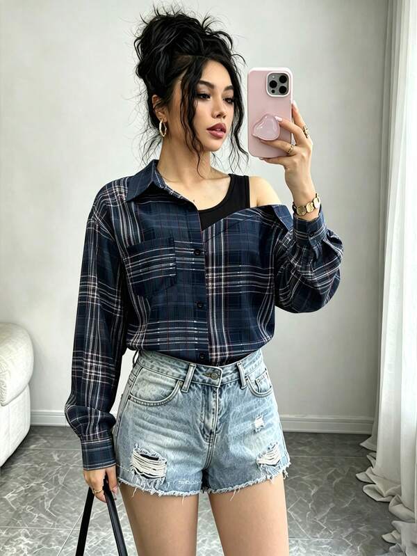 SHEIN Franclia Women's Regular Plaid Shirt With Faux Camisole Straps, Cold Shoulder Long Sleeve Elegant Casual Commute Fashion Party Business Versatile