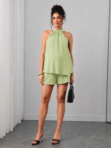 Momance 2pcs Maternity Set Halter Neck Sleeveless A-Line Loose Top With Adjustable Waist Straight Leg Shorts - Mint Green - View 5