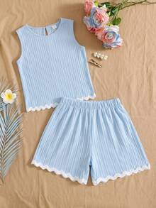 SHEIN Genkimix Kids Tween Girl Vest Set, Back To School, Fall - Blue - View 1