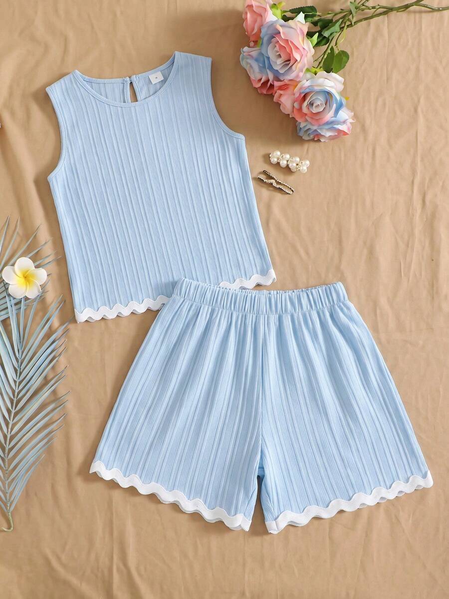 SHEIN Genkimix Kids Tween Girl Vest Set, Back To School, Fall - Blue - View 1