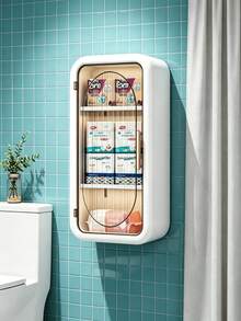 1pc No-Drill Wall-Mounted Cosmetic Storage Rack, Multifunctional Cosmetic Storage Box, Transparent Bathroom Accessory, Space-Saving Display Box - White - View 2