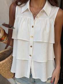 FRIFUL Women's Regular Fit Lapel Collar Metal Button Decor Loose Chest Multi-Layer Ruffle Patchwork Solid Color Summer Casual Blouse - White - View 3