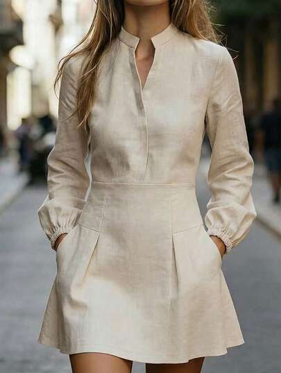 Vestido corto de mujer con textura de lino sintético, color albaricoque claro sólido, abertura lateral, cuello alto pequeño, mangas largas abullonadas con puños elásticos, cintura alta con bolsillos, falda en línea A, vestido corto minimalista elegante para uso casual y de oficina
