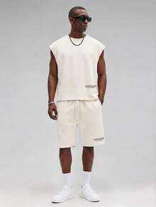 STYNVO Bộ áo tank top và quần short nam size lớn in chữ - Màu be - Xem 2
