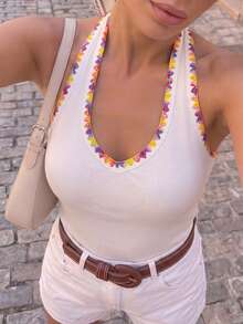 Cévolie Women's Colorblock Slim Fit Versatile Daily Wear Halter Neck Top - White - View 6