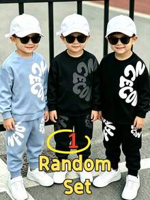 SHEIN 1 Random Set,Baby Boy Blue Letter Print Round Neck Long Sleeve Sweatshirt And Sweatpants Set Fall Autumn Back To School Rib-Knit Outfits - Multicolor - View 5