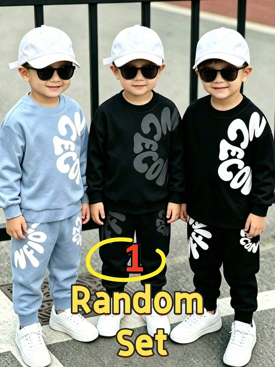 SHEIN 1 Random Set,Baby Boy Blue Letter Print Round Neck Long Sleeve Sweatshirt And Sweatpants Set Fall Autumn Back To School Rib-Knit Outfits - Multicolor - View 1