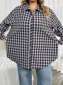 SHEIN CURVE+ 大尺碼女款格紋落肩長袖單排扣休閒襯衫 - 彩色 - 查看 6