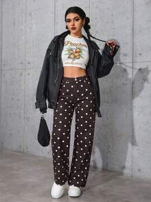 SHEIN PETITE 女款高腰波點圖案寬腿寬鬆休閒牛仔褲 - 棕色 - 查看 6