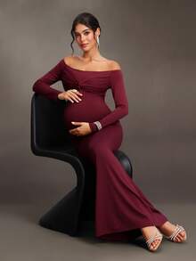 Cheriluna Maternity Maternity Solid Color Off-Shoulder Casual Party & Travel Dress - Burgundy - View 3