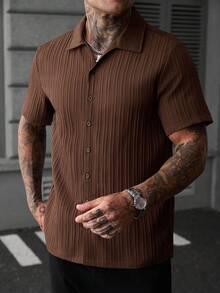 Manfinity CasualCool Men's Solid Color Short Sleeve Single-Breasted Shirt, Streetwear, Casual, Summer - Brown - View 5
