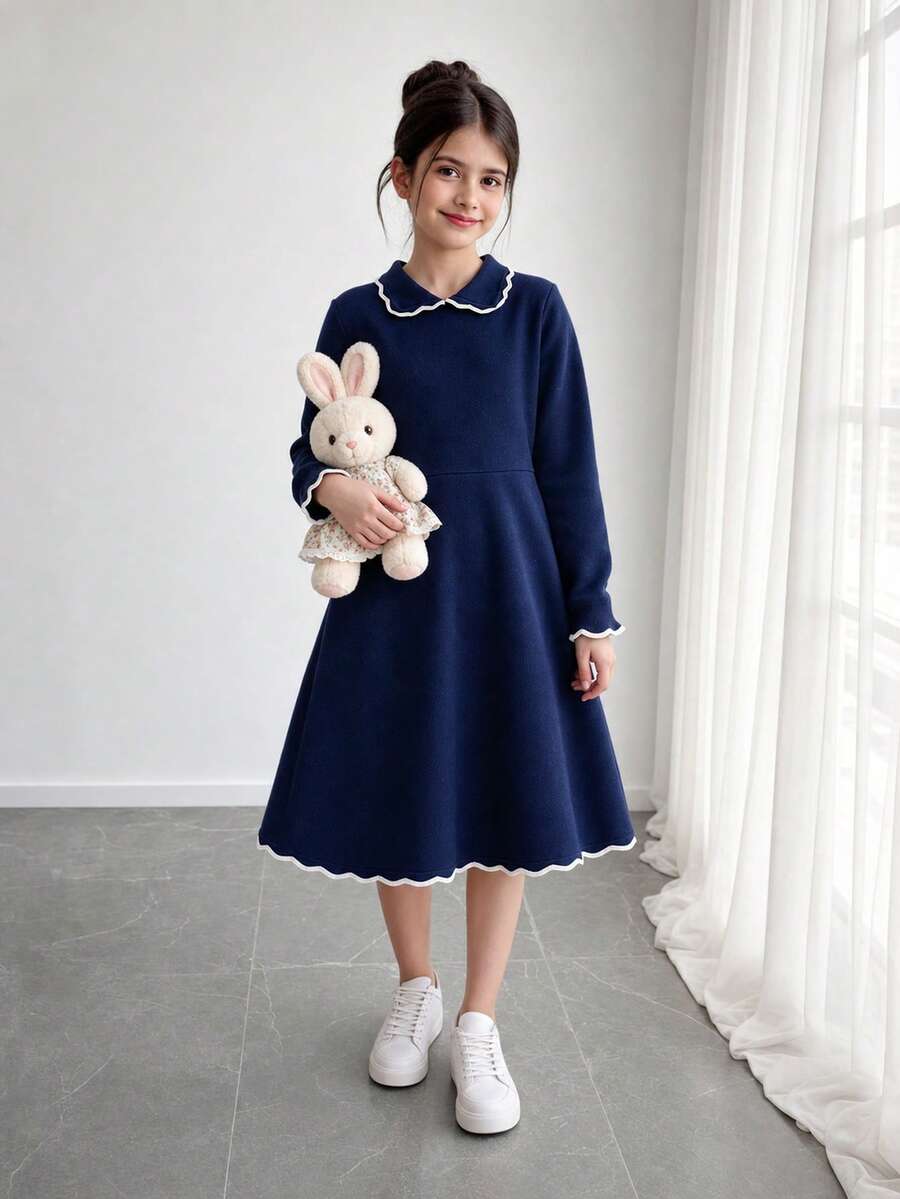 SHEIN 少女秋季/冬季時尚荷葉邊下擺手工重工蝴蝶結長袖洋裝 - 藏蓝色 - 查看 1