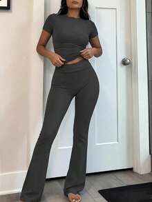 INAWLY Solva Ladies' Simple Solid Color Daily Wear Long Sleeve Top And Trousers Set - Dark Grey - View 3