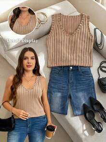 SHEIN LUNE Plus Size Solid V-Neck Rib-Knit Casual Tank Top Travel Airport - Camel - View 8