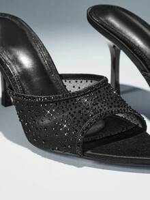 SHUZIA Women Elegant Pointy Toe Rhinestone Decor Mesh Slip-On Heel Sandals - Black - View 6