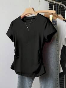 Tween Girls 女童 T-Shirt，1 件隨機短袖 T-Shirt，簡約收腰修身圓領短袖 T-Shirt，適合夏季，個性化 T-Shirt，適合春夏，輕鬆舒適，家庭出遊季節，家庭出遊，優雅穿搭，舒適易穿 - 彩色 - 查看 4