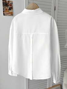 SHEIN Serisse Kids Tween 女童休闲时尚百搭纯色梭织翻领前开后开衩宽松落肩长袖白色衬衫，返校日穿 - 白色 - 查看 6