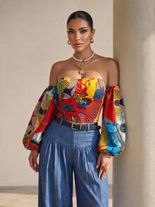 Structelle Bohemian Boho African Print Open Shoulder Petal Sleeve Crop Top Women's Red And Yellow Beach Vacation Holiday Vacation Summer Blouse - Multicolor - View 5