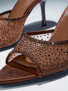 SHUZIA Women Elegant Pointy Toe Rhinestone Decor Mesh Slip-On Heel Sandals - Coffee Brown - View 6