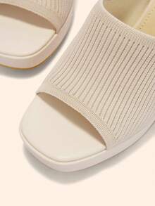 CUCCOO BASICS Women's Beige Knit Peep Toe Sexy Mule Sandals With Thick Platform And Chunky High Heel For Commuting - Beige - View 5
