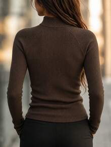RosyDaze Atasan Rajut Bergaris Leher Tinggi Setengah Resleting Musim Gugur untuk Wanita Lengan Panjang Slim Fit Sweater Kasual Kantor Cokelat Tua - Coffee Brown - View 2