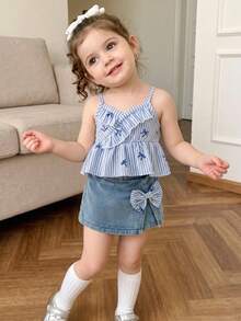 SHEIN Vintaside Kids 2pcs/Set Baby Girl Spring&Summer Casual Style,Plain Sleeveless Slip Top&Bowknot Decoration Short Jeans - Blue - View 3