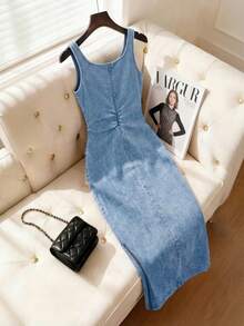 SHEIN MOD 女款夏季休閒抓皺修身無袖牛仔洋裝 - 淺色水洗藍 - 查看 2