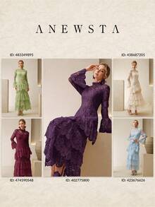 Anewsta 女款時尚優雅蕾絲派對洋裝，分層抓褶下擺、收腰顯瘦、多層蛋糕蕾絲長袖洋裝 - 紫色 - 查看 8
