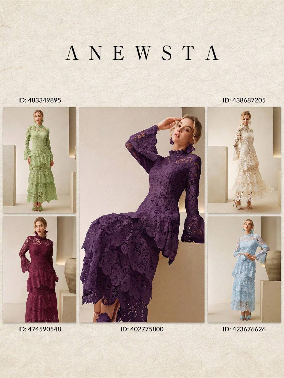 Vestido de fiesta elegante de encaje para mujer con bajo fruncido en capas, cintura ceñida, vestido de manga larga de encaje multicapa efecto pastel que estiliza la figura