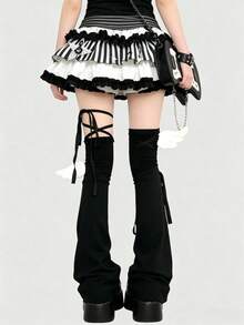 ROMWE Kawaii 可愛 Y2K 風格蝴蝶結綁帶純色女款腿套，適合時尚裝飾、動漫角色 Cosplay、JK 配件 - 黑色 - 查看 3