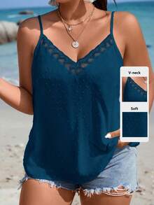 SHEIN LUNE Plus Swiss Dot Contrast Lace Cami Top - Teal Blue - View 6