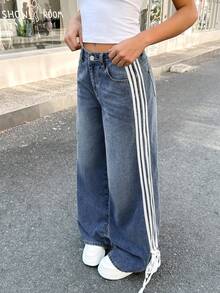 SHEIN Teen Girl Y2K Fashionable Stripe Bowknot Baggy Loose Fit Vintage Casual Denim Straight Leg Jeans With Slanted Pockets, Spring Summer Break Fall Winter - Medium Wash - View 6
