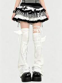 ROMWE Kawaii Y2K Style Bowknot Strap Solid Color Ladies' Leg Warmers, Suitable For Fashion Decoration, Anime Character Cosplay, JK Accessories - White - View 1