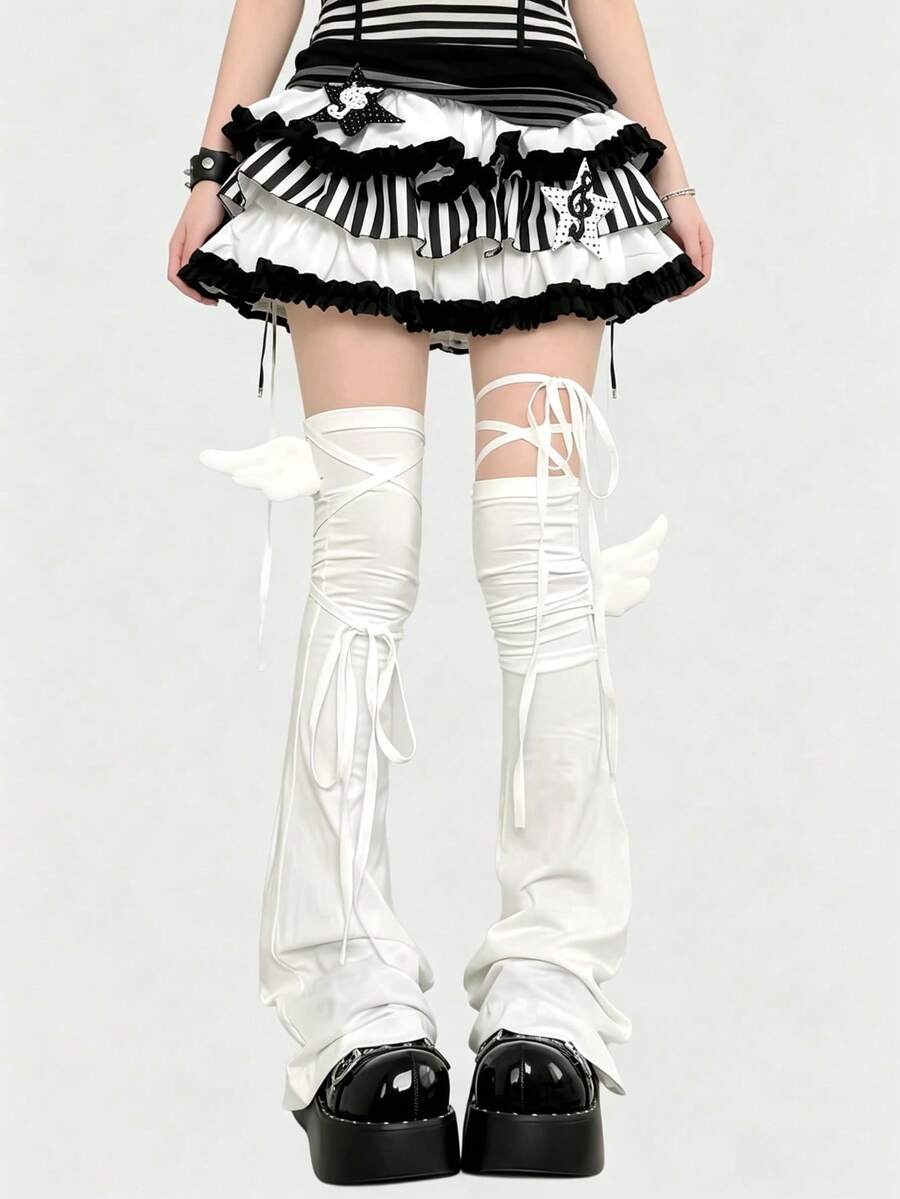 ROMWE Kawaii Y2K Style Bowknot Strap Solid Color Ladies' Leg Warmers, Suitable For Fashion Decoration, Anime Character Cosplay, JK Accessories - White - View 1