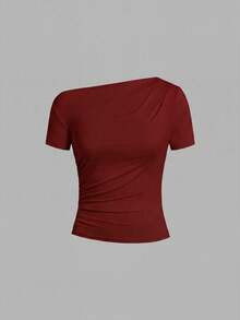 SHEIN Clasi 女款素色不對稱領短袖抓皺修身時尚T恤 - 彩色 - 查看 10
