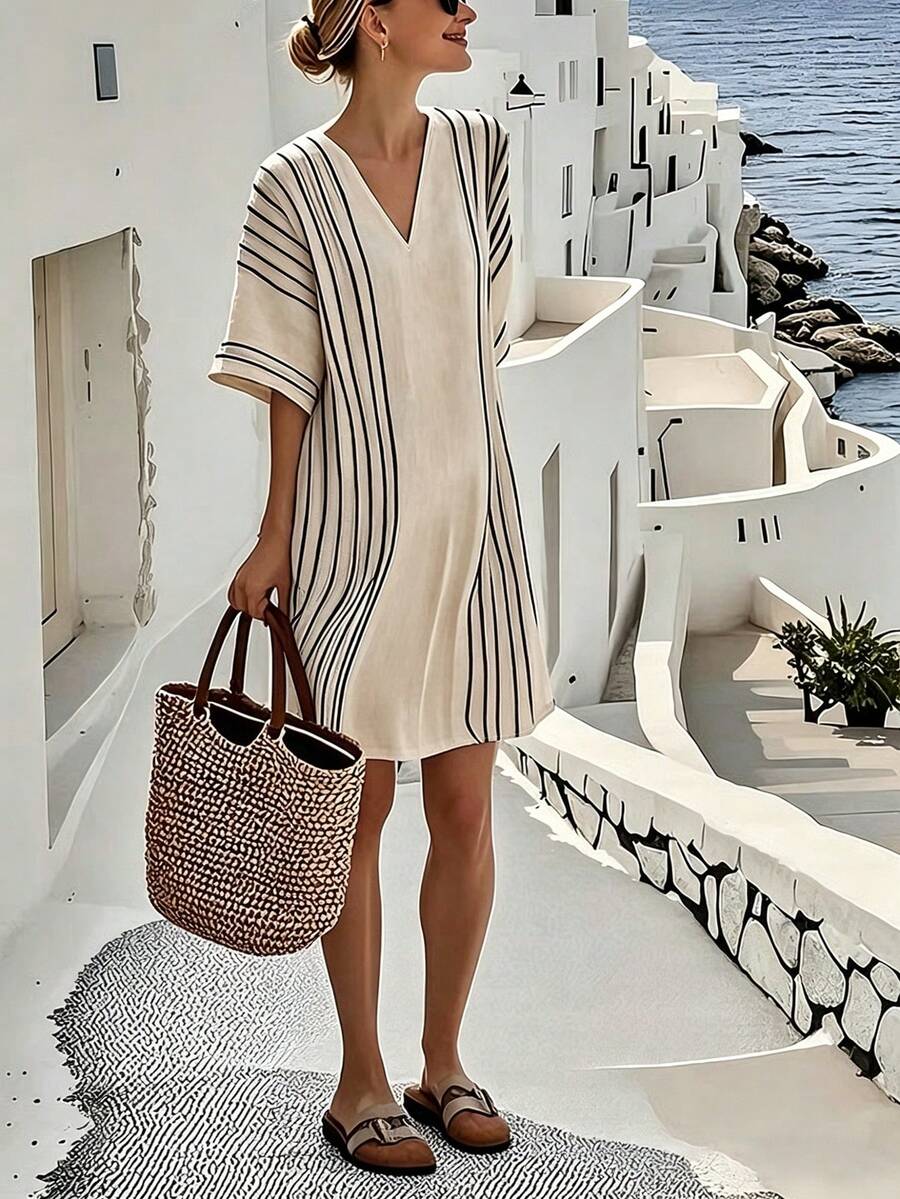 SHEIN Holidaya 女士休闲条纹拼接连衣裙