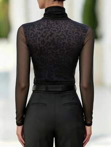 Balvessa Thin High Neck Leopard Print Patchwork Sheer Mesh Versatile Casual Women's Top - Black - View 2