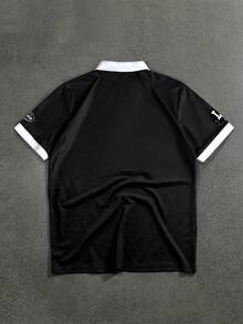 STYNVO 男士夏季休閒拼色拼接字母印花 Polo 衫 - 黑色 - 查看 2