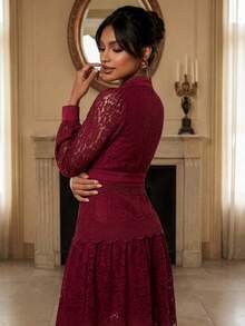 Anewsta Women's Summer Lace Long Sleeve Elegant Mid-Length A-Line Red Burgundy Dress - Red - View 5