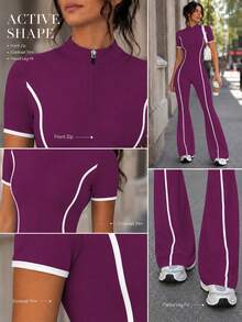 Sirith 1 buah Jumpsuit Lengan Pendek Model Mengembang dengan Resleting Setengah dan Kerah Tinggi Warna Ungu Putih Kontras, Potongan Slim Bodycon, Cocok untuk Olahraga, Aktivitas Sehari-hari, dan Musim Panas - Purple - View 6
