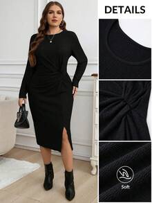 Chikora Plus Size Solid Color Round Neck Long Sleeve Twist Design Casual Dress Fall - Black - View 8