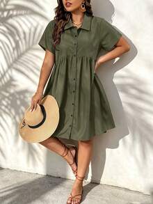SHEIN LUNE Plus Button Front Smock Dress - Army Green - View 4