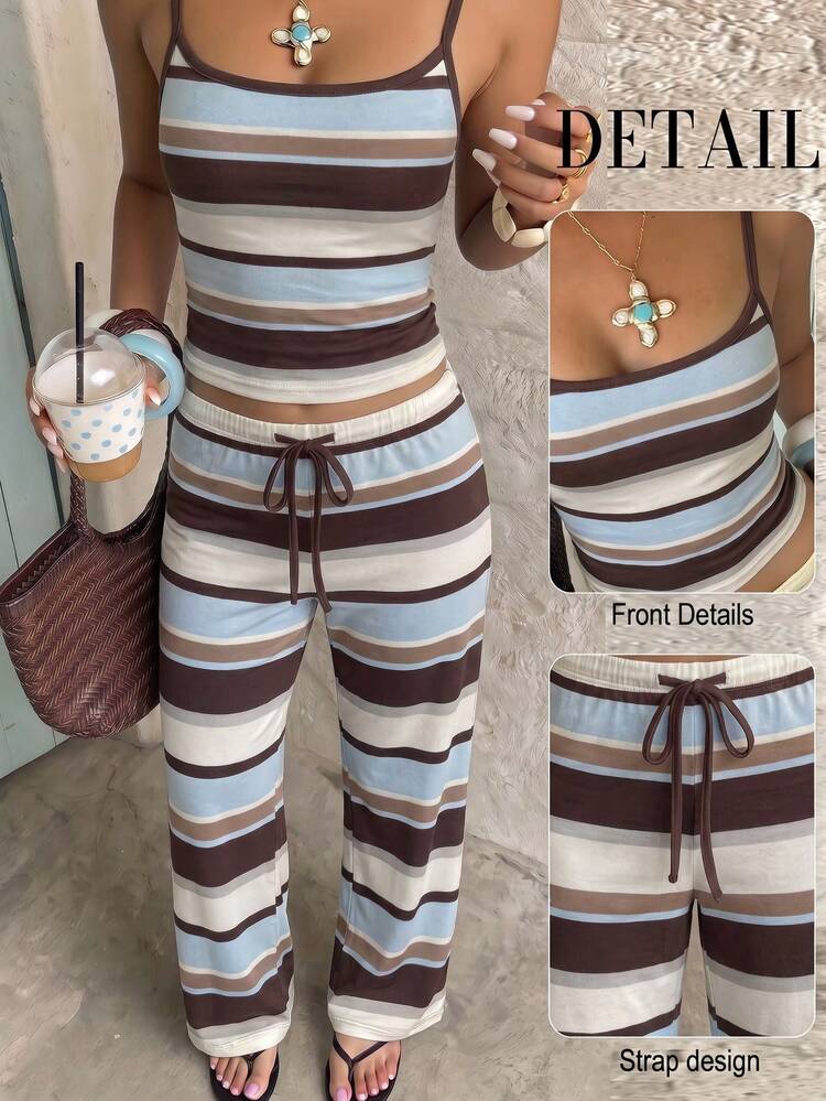 Aloruh Setelan Camisole Bergaris dan Celana Panjang Kasual Wanita untuk di Rumah, Minimalis, Serbaguna untuk Sehari-hari, Cocok untuk Kencan Malam, Jalan-jalan, Perjalanan, Pantai, Liburan, dan Pakaian Musim Panas. - Putih - View 3