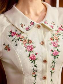 Vintamour Vintage Elegant Women's Blouse With Ditsy Floral, Embroidery, Peter Pan Collar, Ruffle Trim, Gathered Detail, Button Front, Casual Vacation Holiday Top - Apricot - View 2